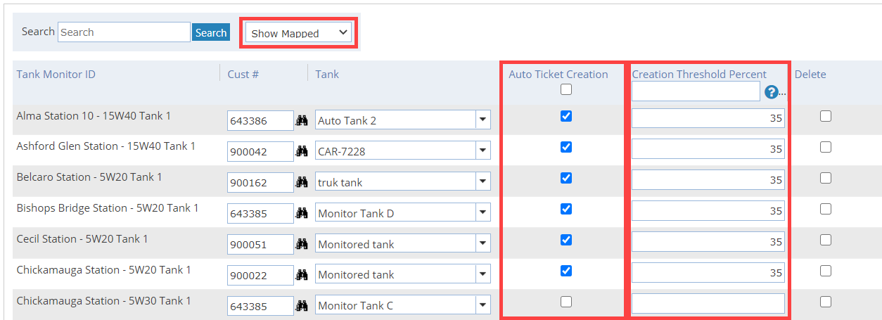 Tank Monitor Auto Ticket Creation grid