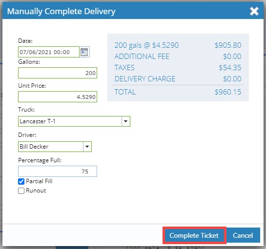 Complete Ticket from customer screen