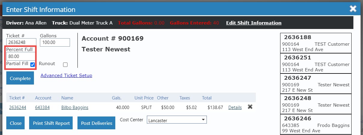 Partial fill from routes screen